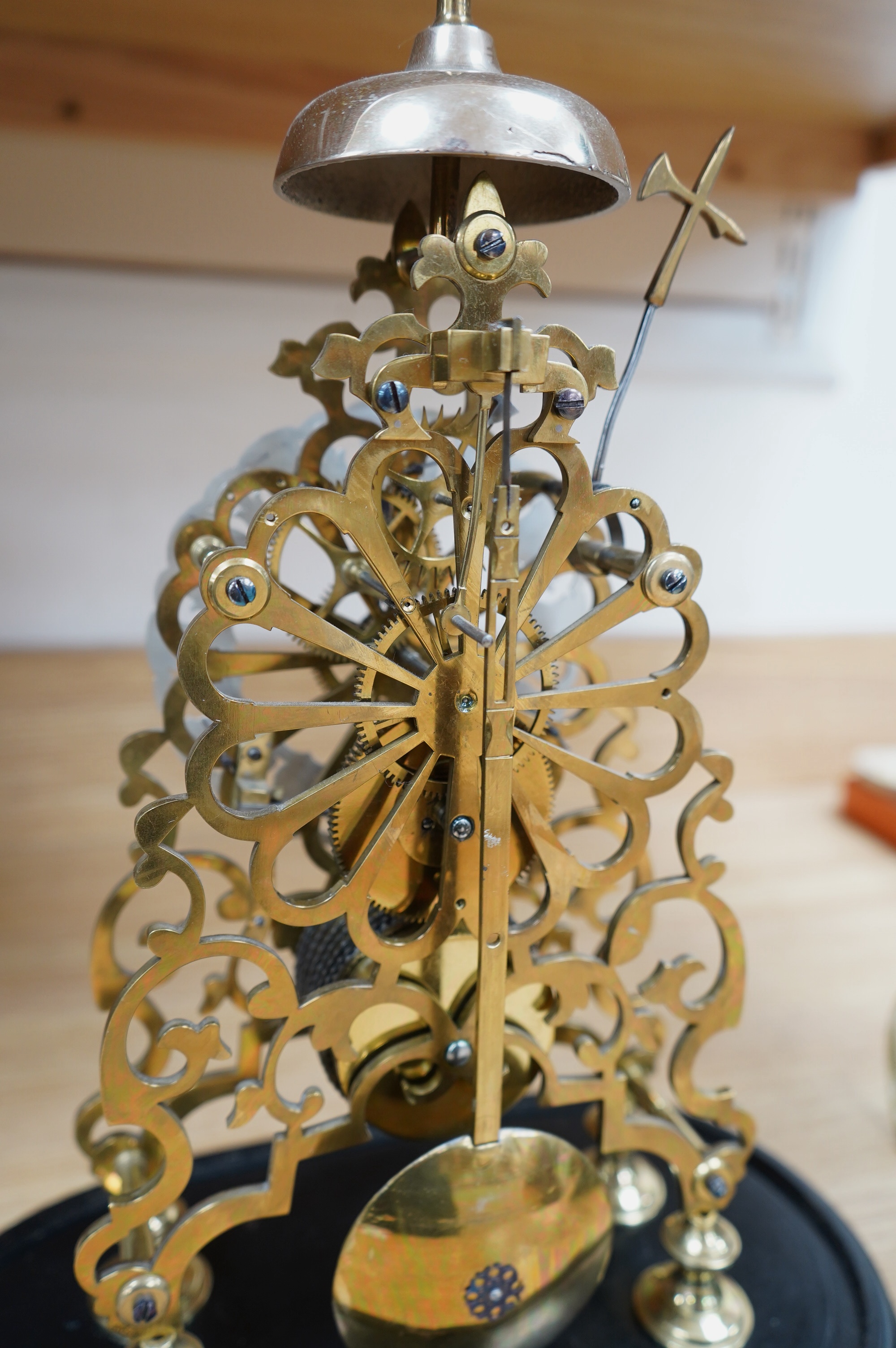 A Victorian brass single fusee passing strike skeleton clock, with pendulum, lacking dome and key, 39cm. Condition - good, not tested